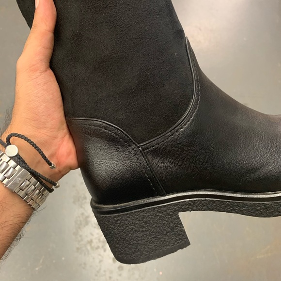 Faux Fur Lined Knee High Winter Boot in Black Faux Suede and Leather - Picture 4 of 16